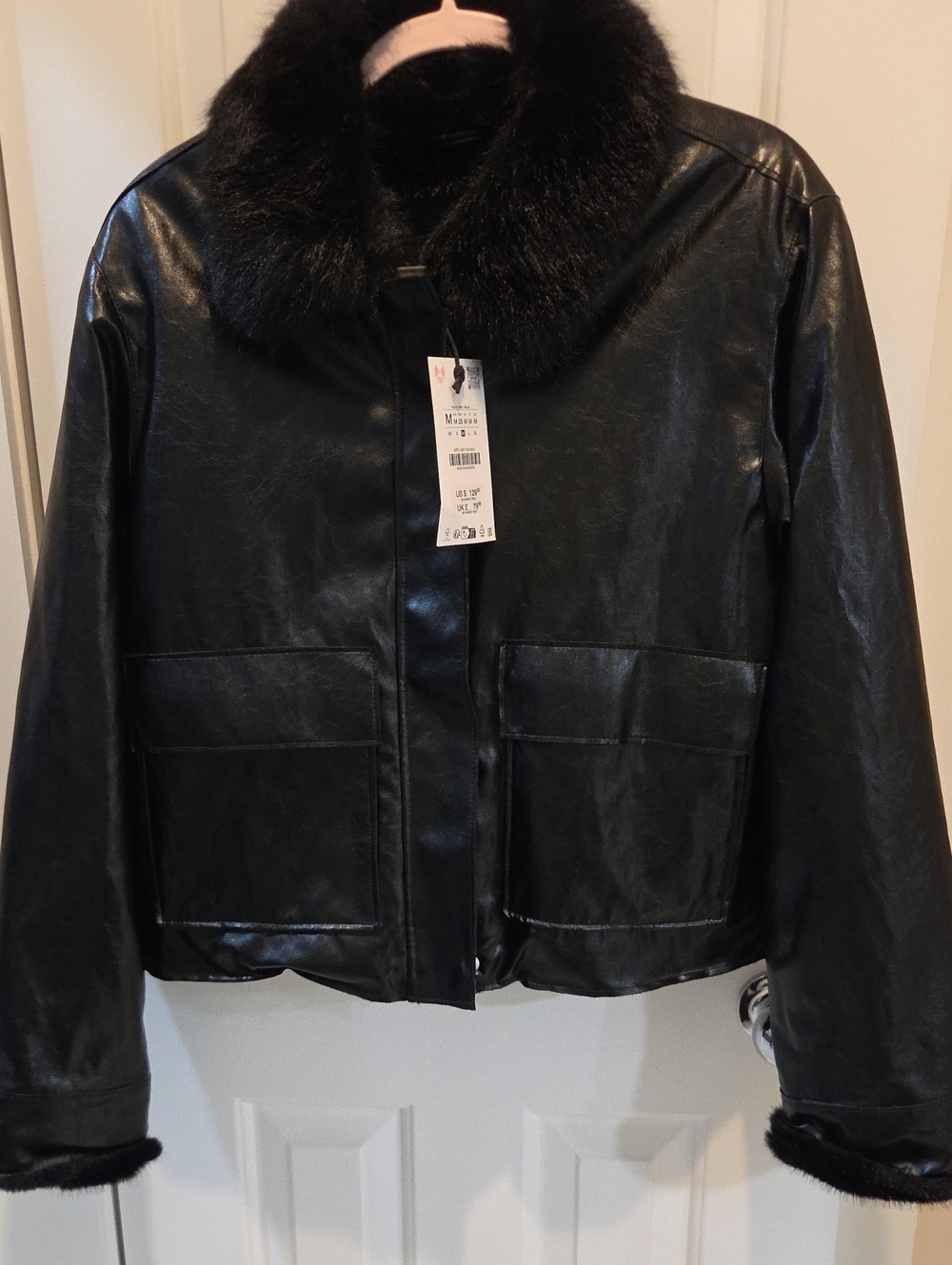 Zara Black Faux Leather Jacket with Fur Collar